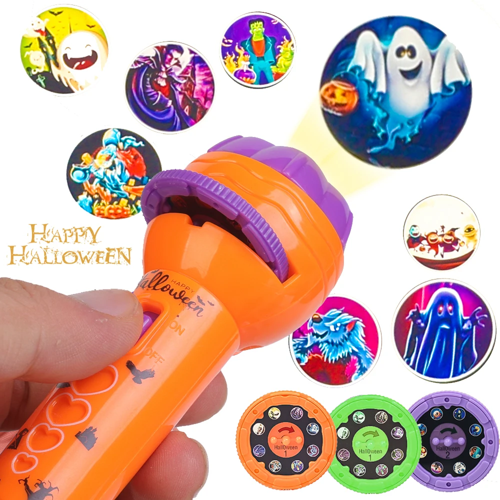 Children's Projection Flashlight Toy Halloween Luminous Pumpkin Ghost Flashlight Projection Lamp Baby Bedtime Story Book Toys