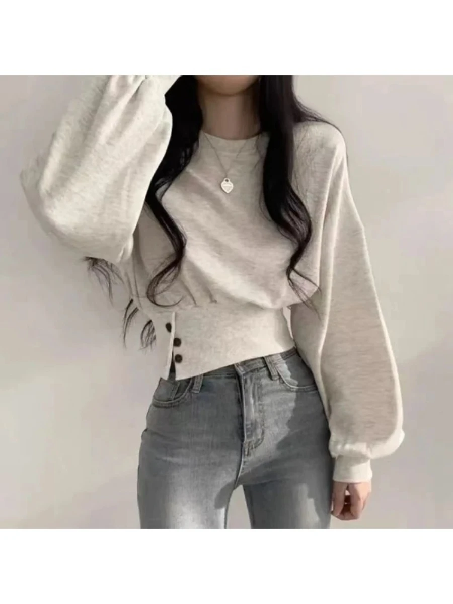Autumn Women Solid O-Neck Slim Crop Top Lantern Sleeve With Button  Sweat Casual Hip-Hop Sporty Pullover Sweet Chic Street Wear