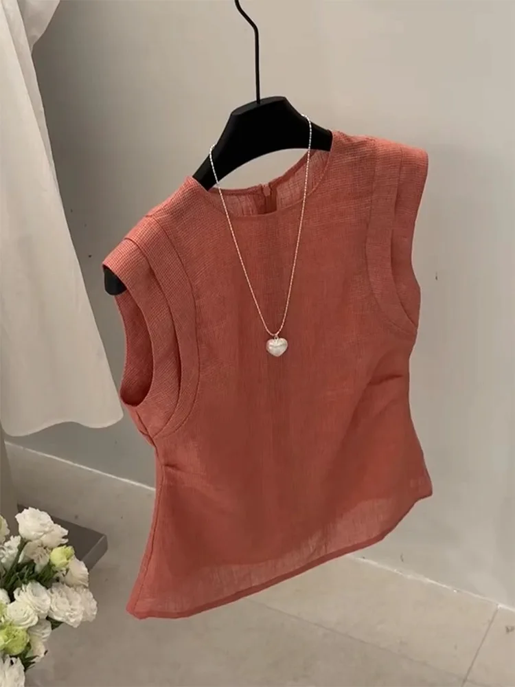 

Chic Orange round Ne Plaid irt Women's Summer Simple Ele Fce Top Korean Sle Commute Straight Cut Silk Material