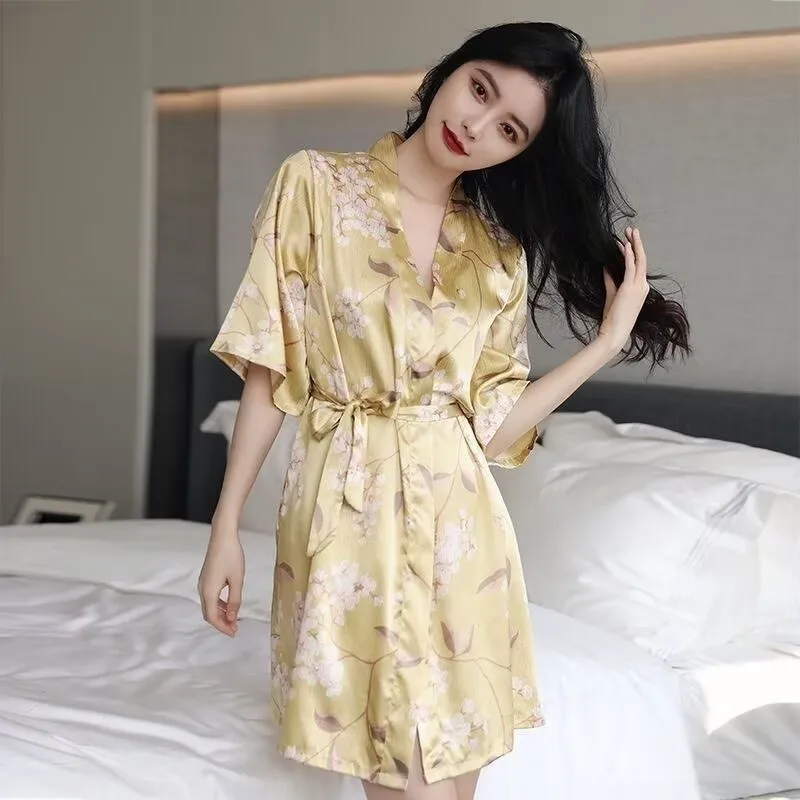 Womens Imitation Silk Black Printed Robe, Bathrobe, Home Clothes, Summer