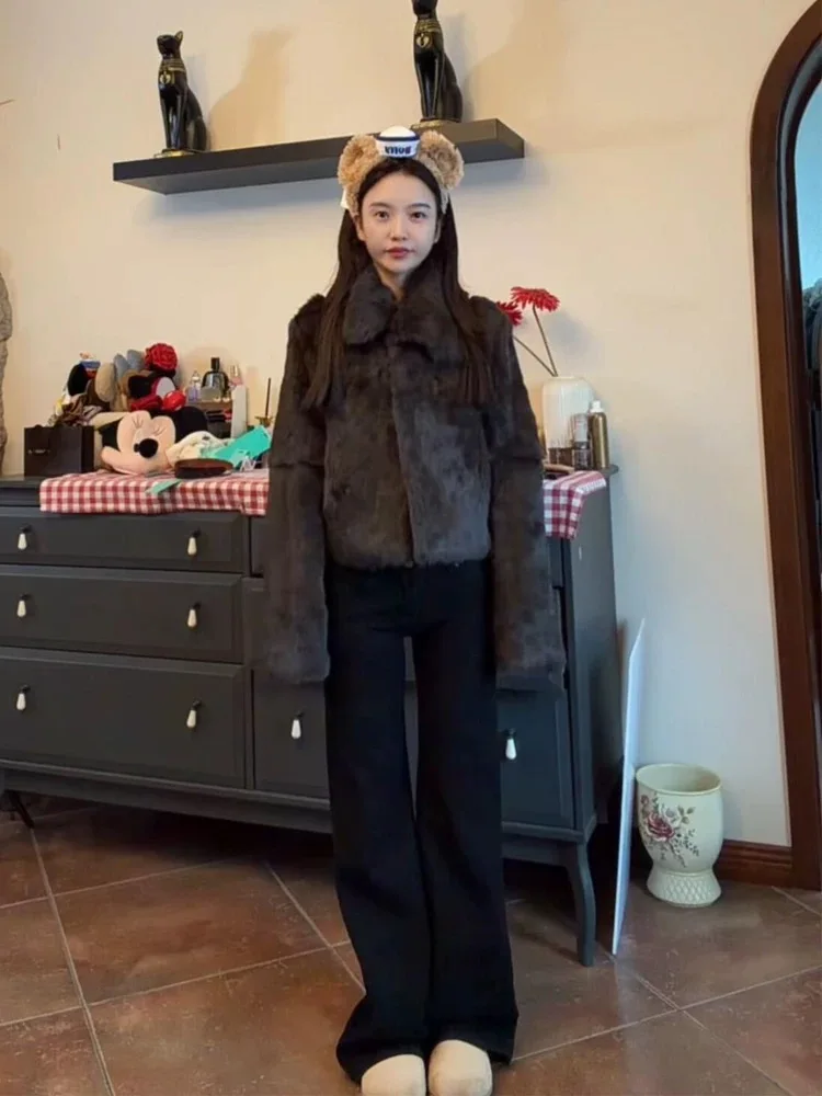 Cappotti da ragazza in pelliccia sintetica da donna con risvolto pieghevole invernale personalità giovane stand up tasche girocollo o avvolgenti toppa imbottita con barra OL