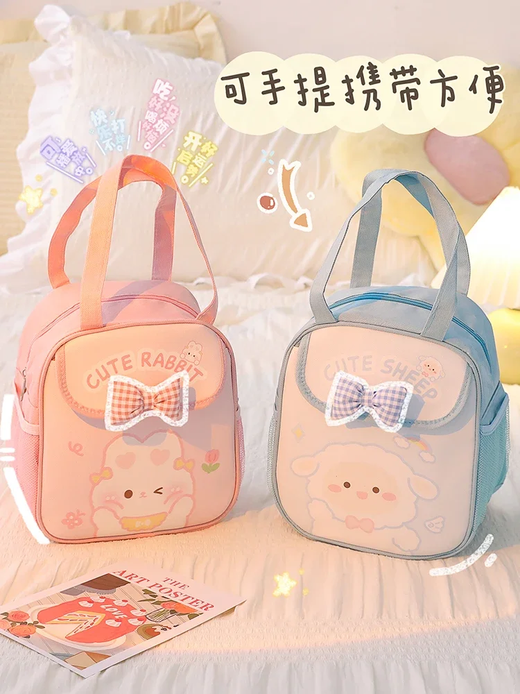 Pink Cute Rabbit Bear Thermal Insulation Lunch Box Bag Canvas Portable Child Student Office Worker Large High Capacity Handbag