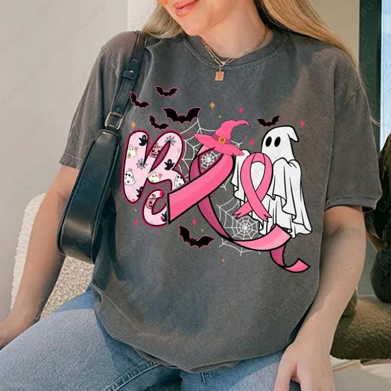 Boo هالوين اليقطين شبح المحملة الرجال النساء ملابس علوية من القطن في أكتوبر نرتدي الشريط الوردي الساحرة Roupas سرطان الثدي الوعي التي شيرت
