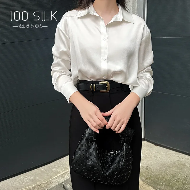 Heavy 22 Mm Silk Shirt Women's Spring and Summer New 100% Mulberry Silk Satin High-end Shirt Off-Shoulder Top