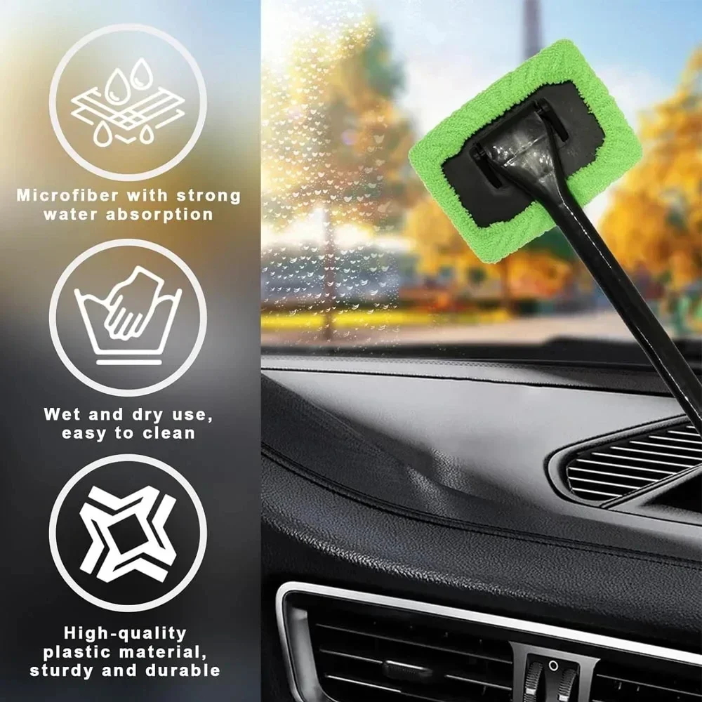 Kit de cepillo limpiador de ventanas de coche, herramienta de limpieza y lavado de microfibra para parabrisas, limpiaparabrisas Interior de vidrio con mango largo, accesorios para coche