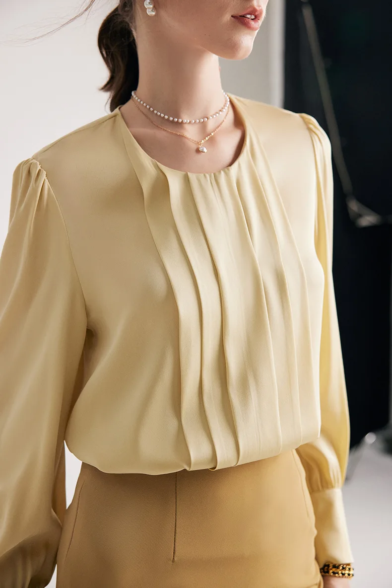 90% Silk 10% Spandex Women's Shirt O Neck Line Sleeves Pleated Elegant Fashion Blouse Tops