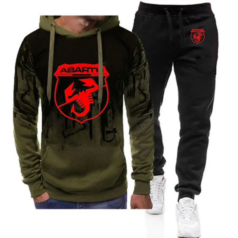 2024 Men New Abarth Gradient Color Tracksuit Sportwear Hooded Sweatshirt Tops + Pants Pullover Comfortable Casual Clothes Suit