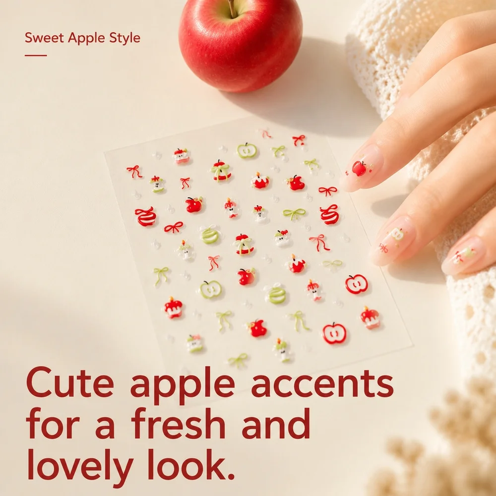 1Pc Light Thin 5D Apple Bow Nail Decals Embossed Fruit Ribbon Bow Self-Stick Transparent Base Nail Art Decorative Sticker