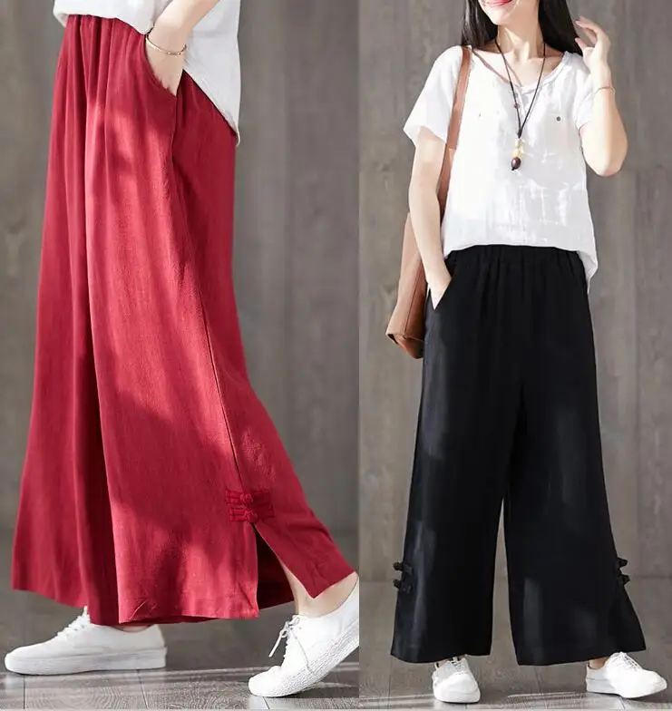 2024 New Summer Trousers ,Women Solid Loose casual Elastic Waist wide leg Pants Cotton Linen vintage pants    