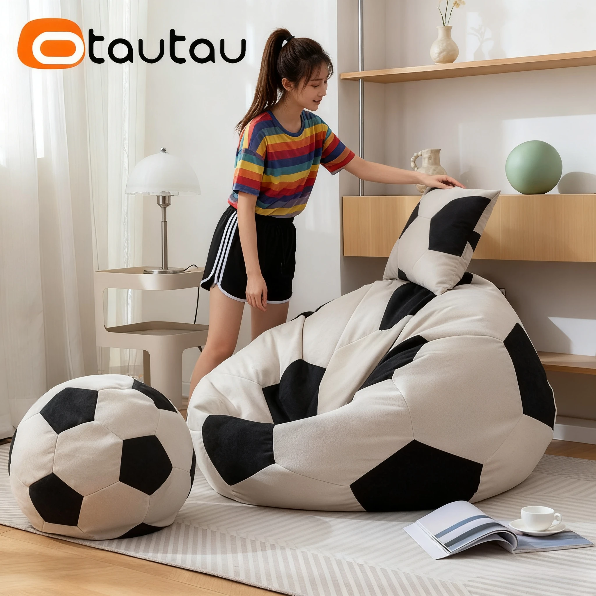 OTAUTAU Funda para puf de fútbol de chenilla suave para niños/adultos DD150【¡sin relleno en el interior! ¡Tes necesitas comprar relleno por usted mismo!】