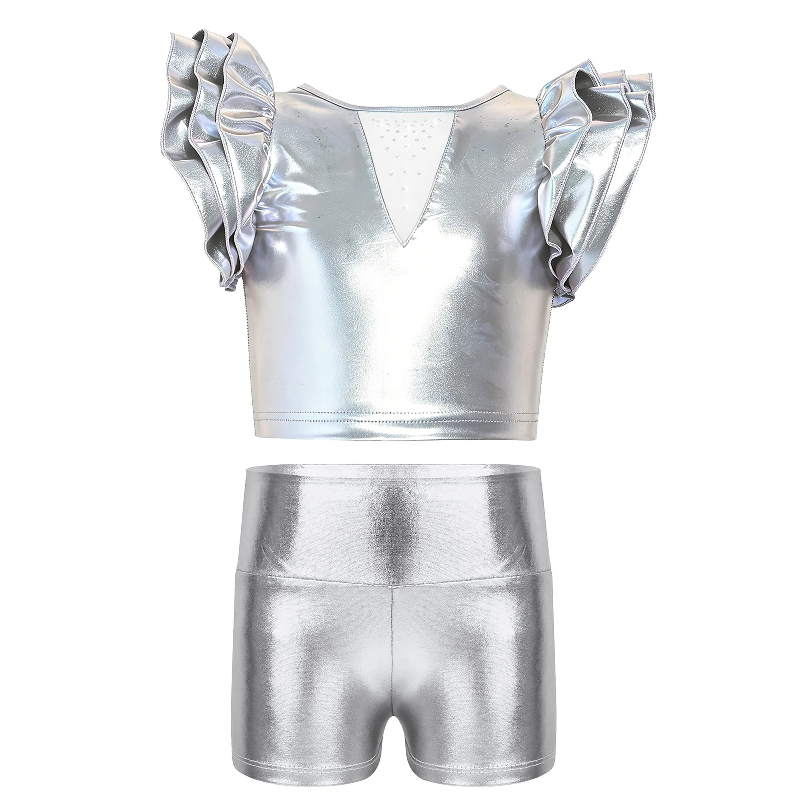 Kids Girls Metallic Jazz Dance Outfit Layered Ruffled Sleeves Keyhole Back Crop Top with High Waist Shorts for Stage Performance