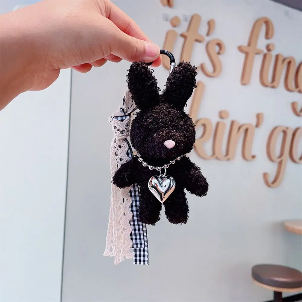 Cute Silver Heart Bunny Keychain Cute Rabbit Bow Ribbon Rabbit Charm Soft Bag Pendant Daily Carry