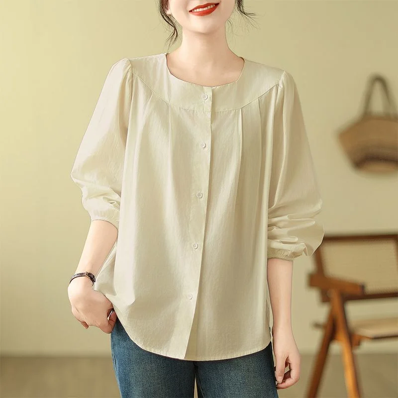 

New Autumn Pleated Solid Color Long-sleeved Shirt for Women Loose Slimming Top