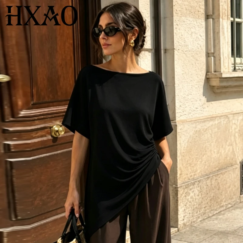 HXAO Asymmetrisches Rüschen-Top in Schwarz für Damen, Sommer 2026, schulterfreies, gerafftes Kurzarm-Oberteil für Damen, lässige Streetwear-Tanktops