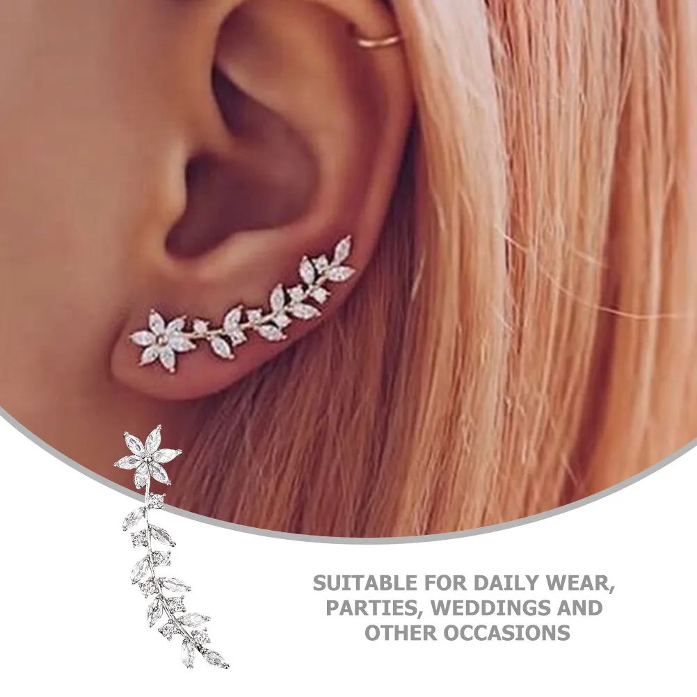 1Pair Flower and Leaf Ear Crawler Earrings Rhinestone Accented Lightweight Smooth Skin Friendly Climber Studs for Women Trendy