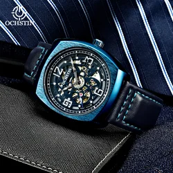 OCHSTIN 2022 Mens Automatic Watches Skeleton Steampunk Mechanical Leather Male Clock Vintage Blue Square Relogio Masculino 44mm