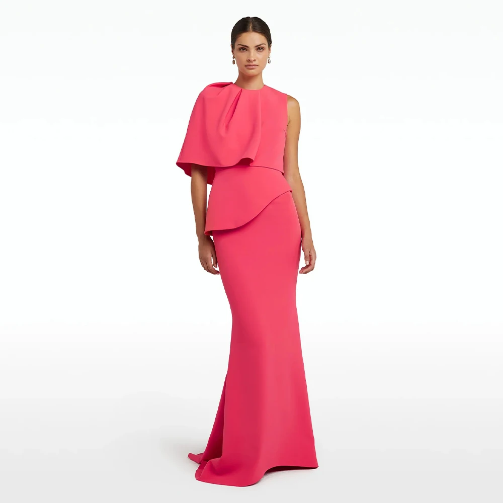 

Formal Party Dresses for Weddings Hot Pink O Neck Cape Mermaid Evening Gowns 2024 Sweep Train Trumpet Women's Evening Dress Long