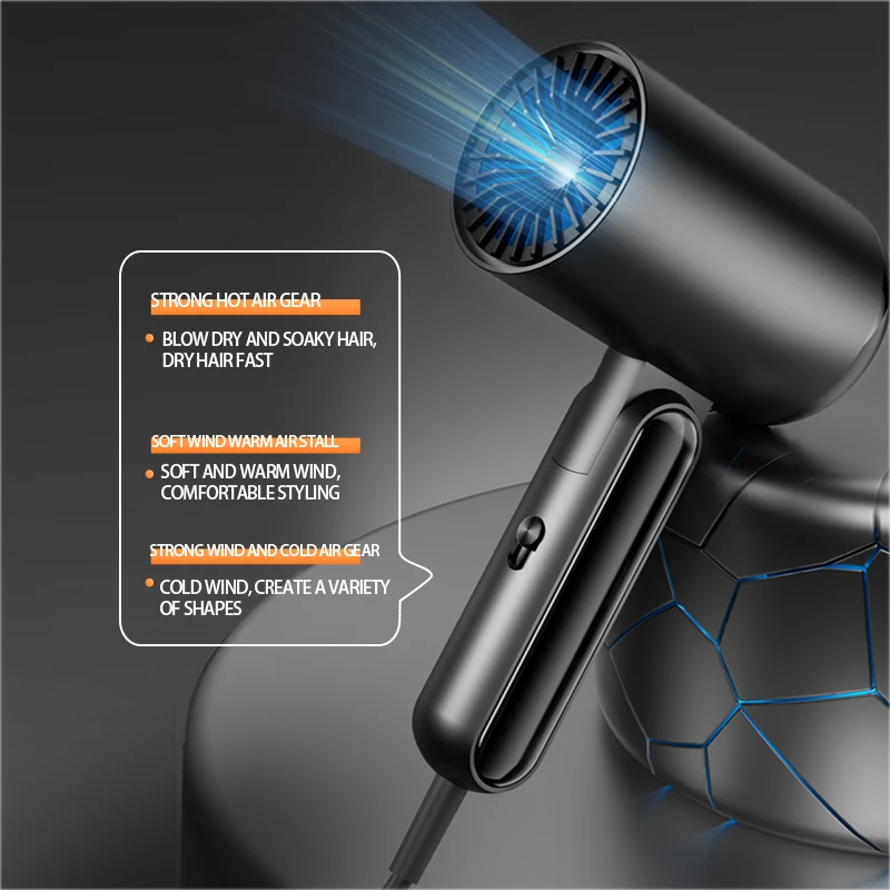 مجفف شعر بمقبض قابل للطي مع غطاء رأس كبير، مجفف شعر بالأيونات السالبة عالي الطاقة للاستخدام المنزلي، سريع الجفاف والعناية بالشعر
