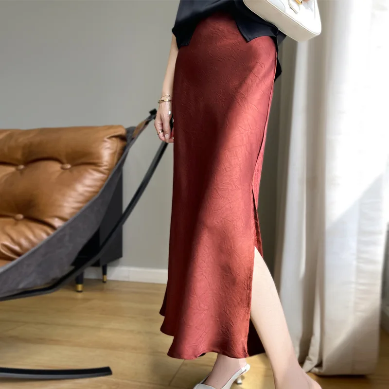 

Красная юбка-миди трапециевидной формы с высокой талией, женская модная универсальная юбка с разрезом, летнее новое поступление, тонкое ацетатное волокно