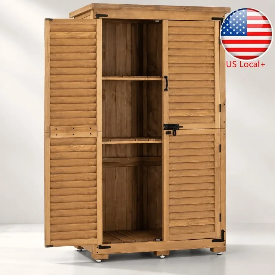 Outdoor storage cabinet for backyard use, made of natural wood with adjustable shelves, featuring weather-resistant finish and