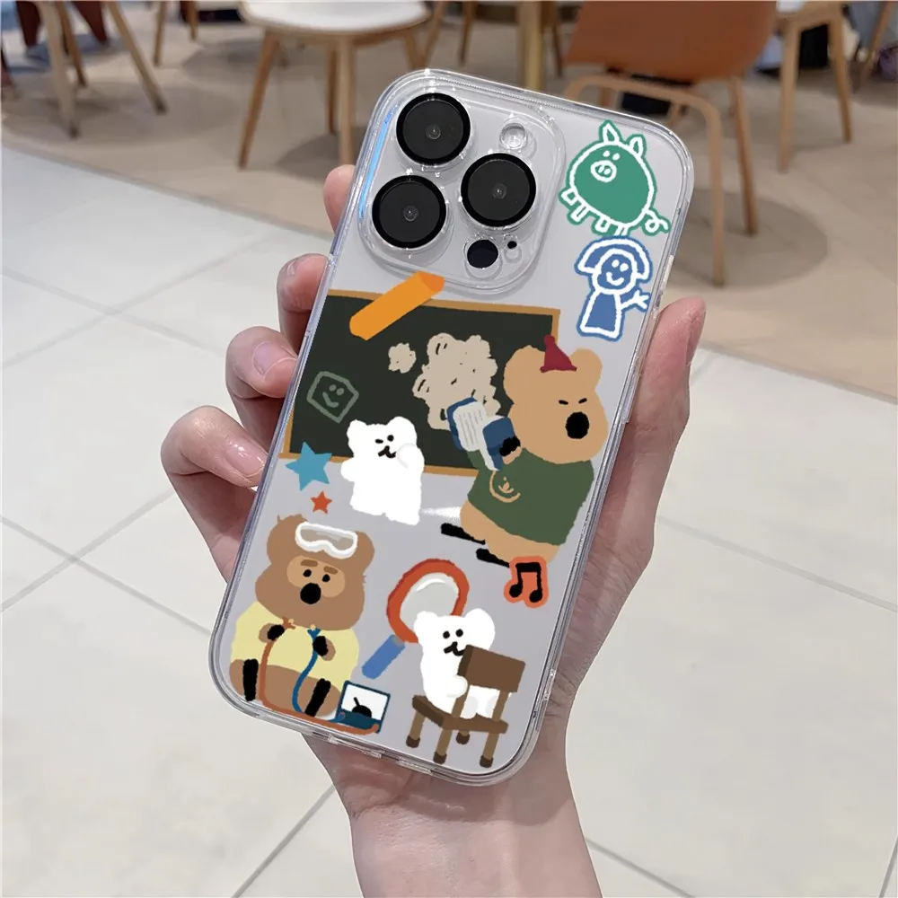 Cute D-Dinotaeng Bear Phone Case For iPhone 11 12 Mini 13 14 15 Pro XS Max X 8 Plus SE XR Transparent Shell