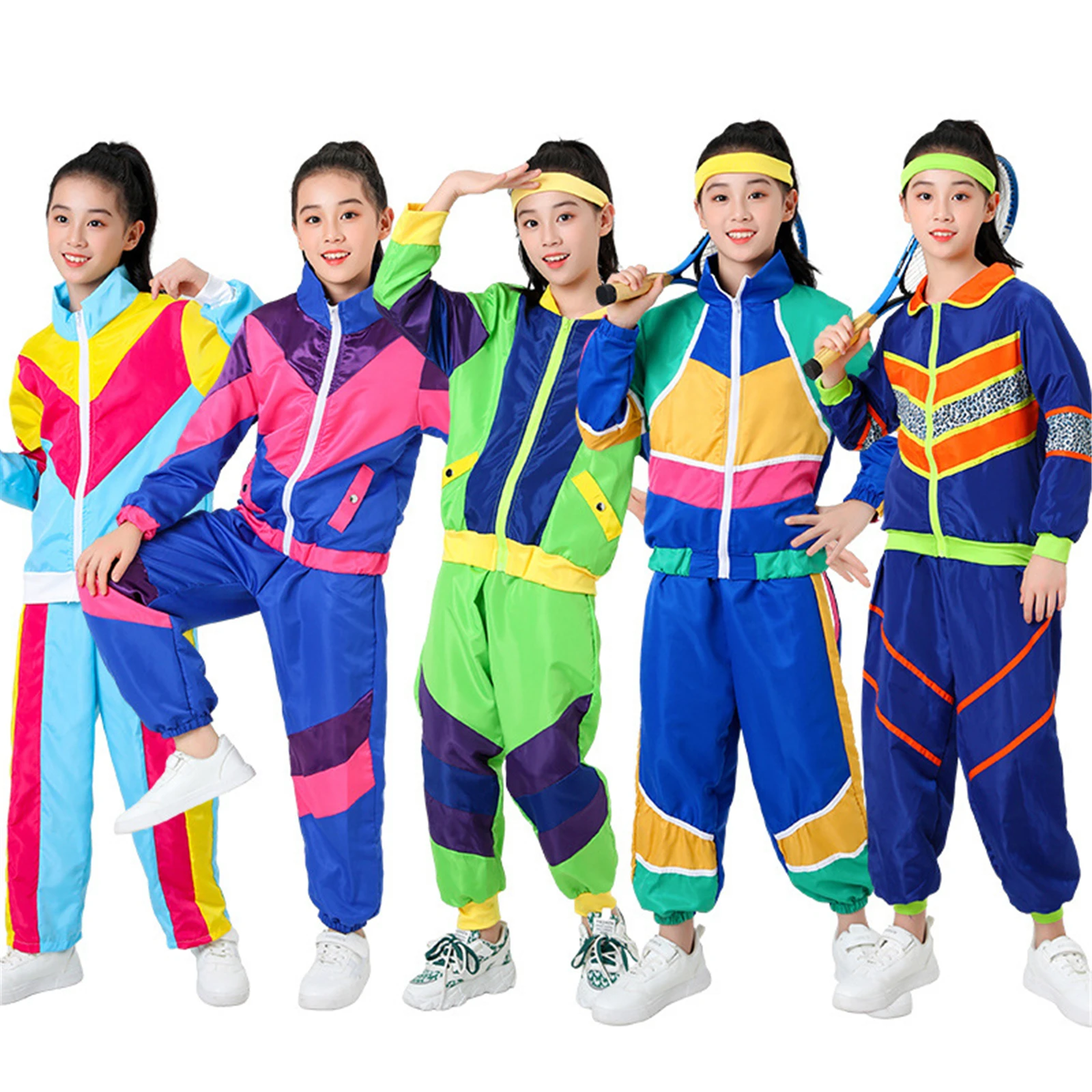 

Boys Girls 80s Disco Tracksuit Kids Hip Pop Costume 3ps Top Pants with Headscarf Stage Party Clothes Children Sportswear