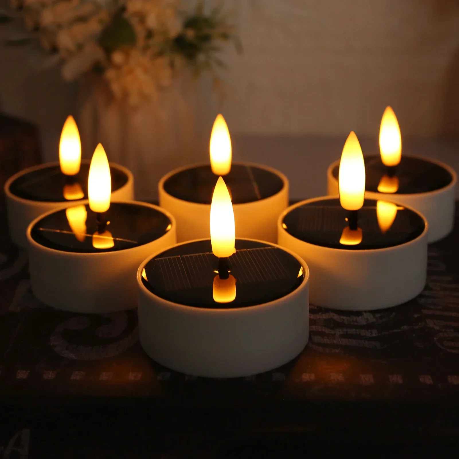 Velas solares de luz, 6 uds., vela, luz de té, velas parpadeantes sin llama, luz nocturna LED Solar electrónica, lámpara de vela Solar para jardín
