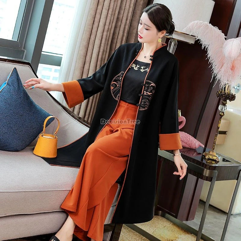Chinese national style Tang suit button stand collar Wide-leg pants two-piece set long coat casual set female Tang trench coat