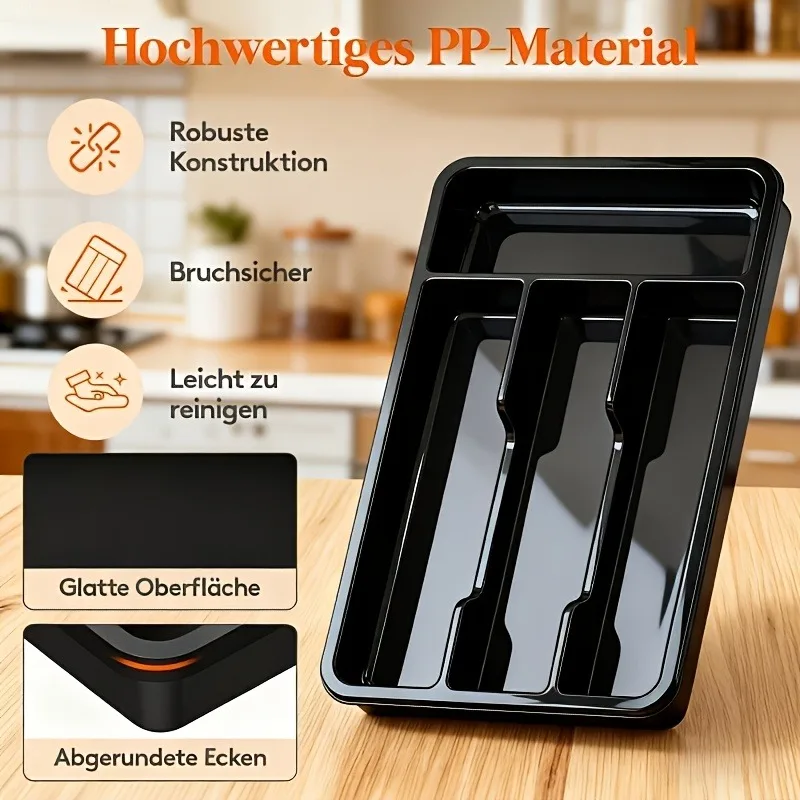 4-Fach Kunststoff-Besteckkasten-Organizer, Silberbesteckhalter für Küchenschubladen, Schwarz, Rutschfeste Utensilienaufbewahrung für Gabeln, Löffel, Messer