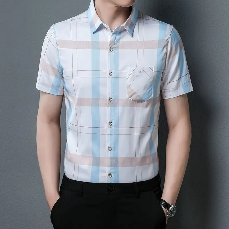 Short Sleeve New in Shirt Men's Clothes Summer Thin Ice Silk Turn-down Collar Tees Pockets Button Fashion Casual Vintage Tops