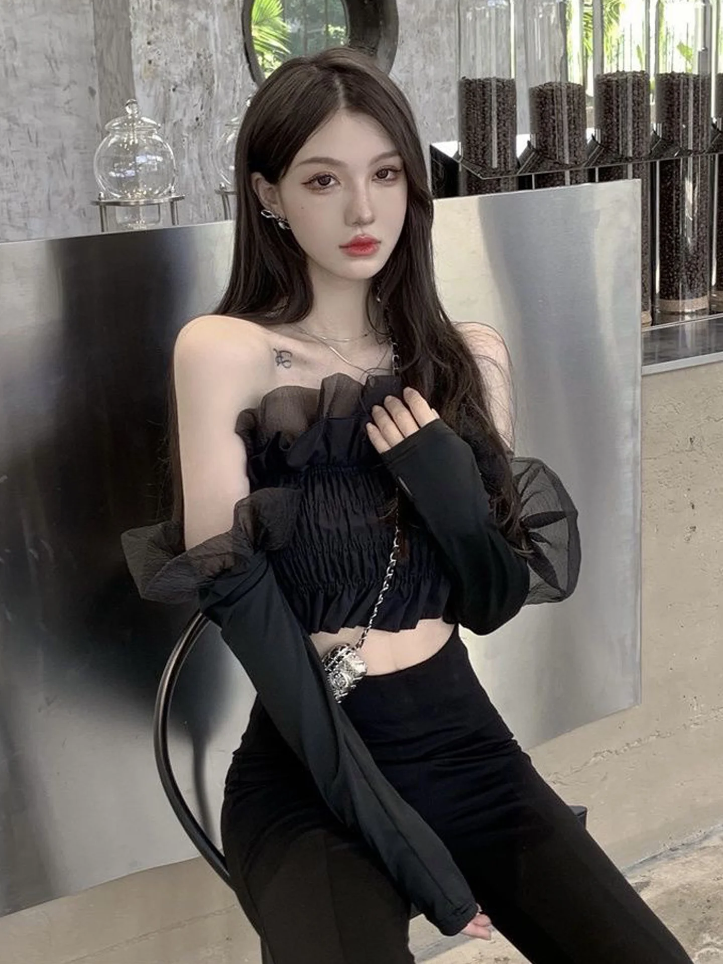 Black Lace Bubble Sleeve One-Shoulder Short Shirt Women's Style Commute Simple Design Slim Fit Korean Series High Waist Long ...