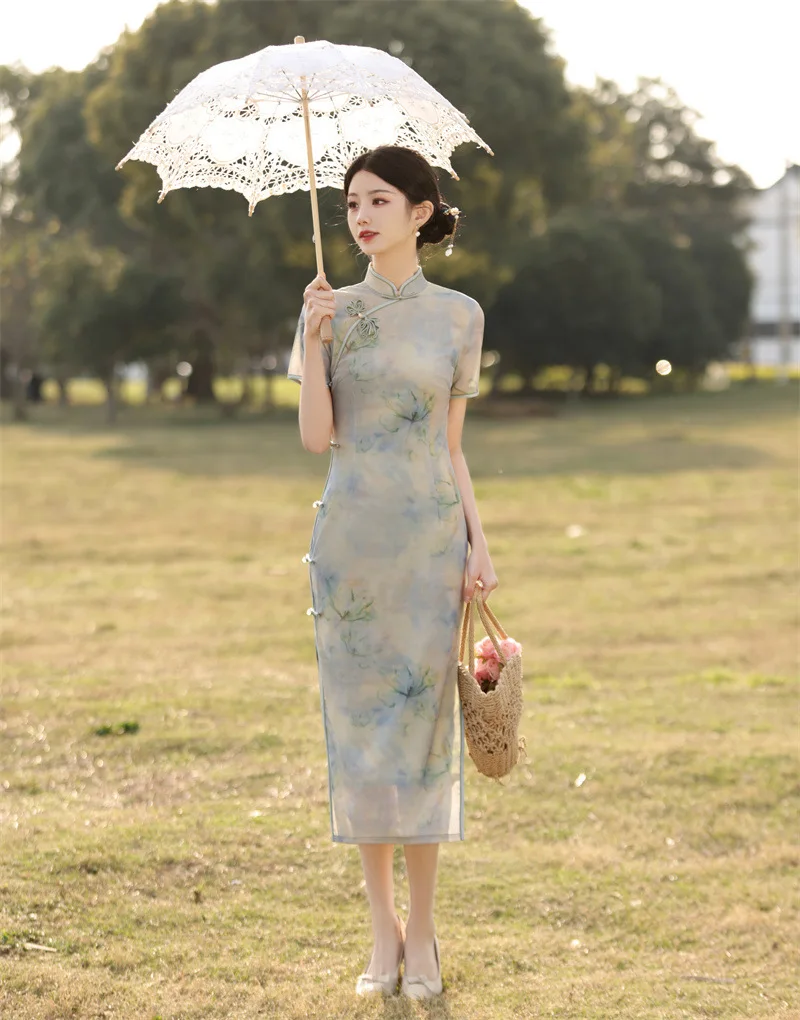 women printing slim dress Vintage Old Shanghai Retro Chinese Style Long Short sleeved dress 2024 Summer New Women's dress