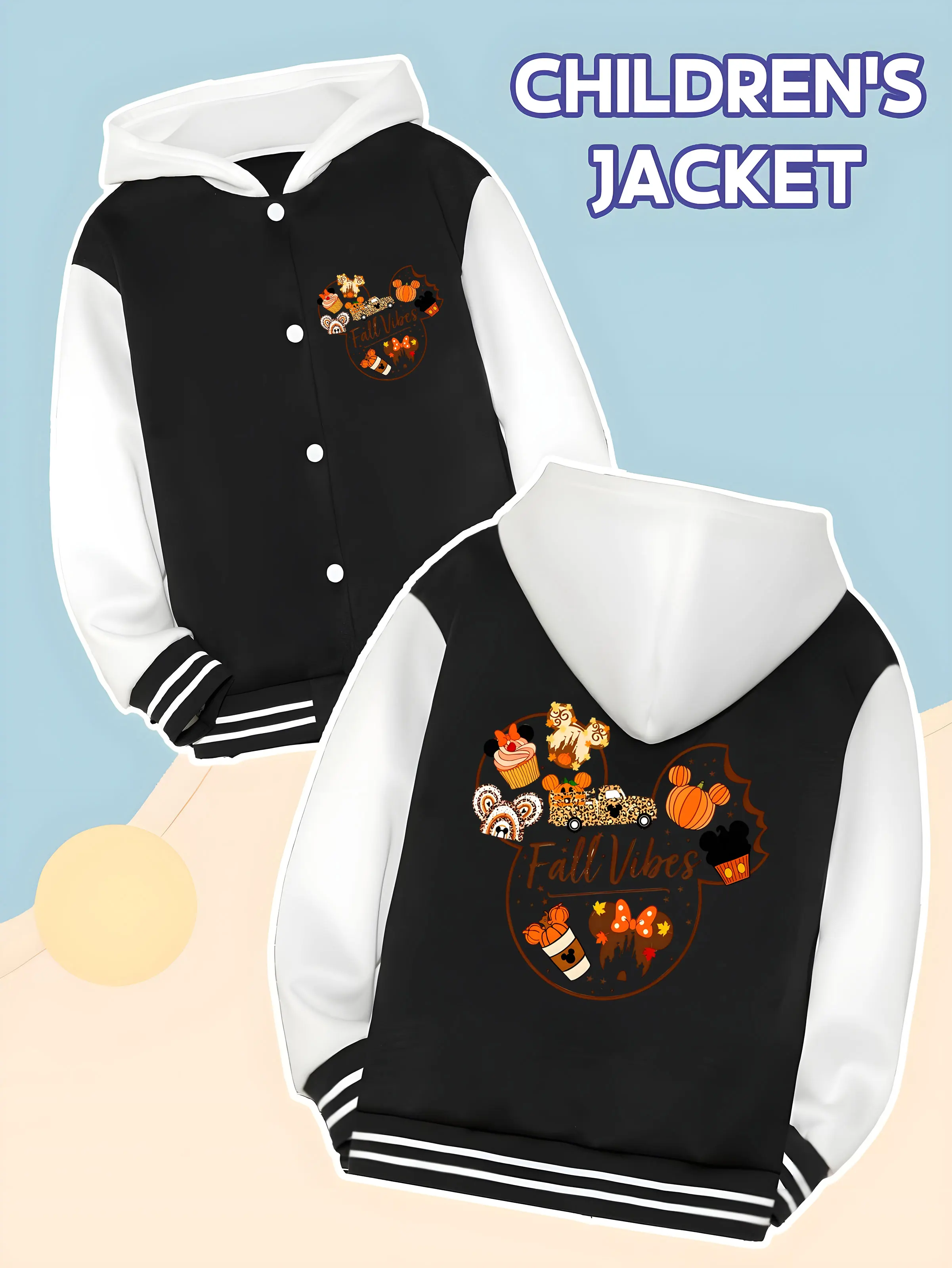 

MINISO Disney Autumn Theme Boys' Baseball Jacket - Mickey Head "Fall Vibes" Print, Soft and Easy to Wear, Versatile Coat