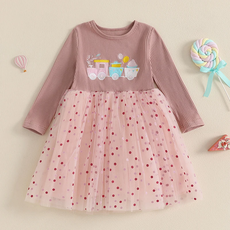 Listenwind Baby Girl Birthday Dress Long Sleeve Train Embroidery Loose Tulle Dress Spring Fall Party Dress