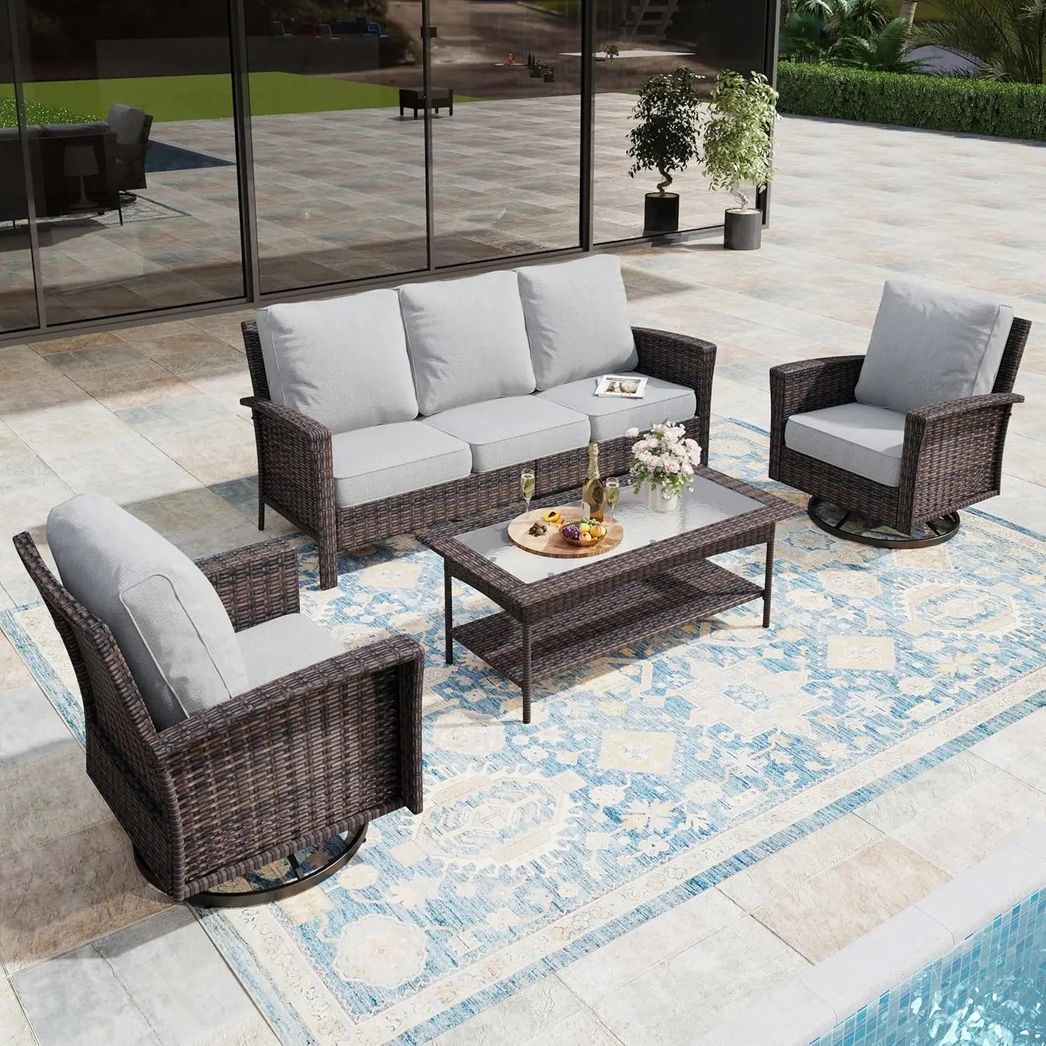

4-Piece Wicker Patio Furniture Set With Swivel Chairs, High Back Outdoor Sofa With 5.5-inch Thick Cushion,, Customized