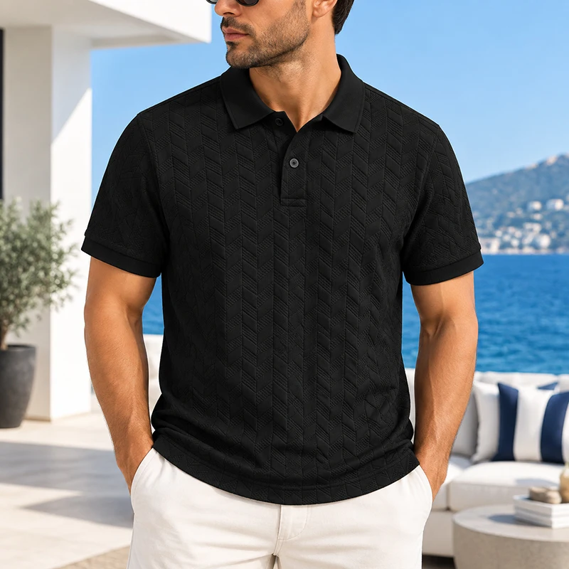 Men's Jacquard Polo Shirt Short Sleeve Loose Fit Textured Casual Top Lightweight Premium Modern Shirt for Everyday Casual Wear