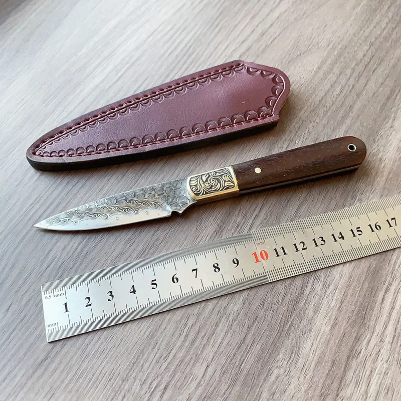 

Rosewood / Cow Bone Handle Small Fixed Blade Knife VG10 Damascus Steel Outdoor Camping Survival Knives With Leather Case