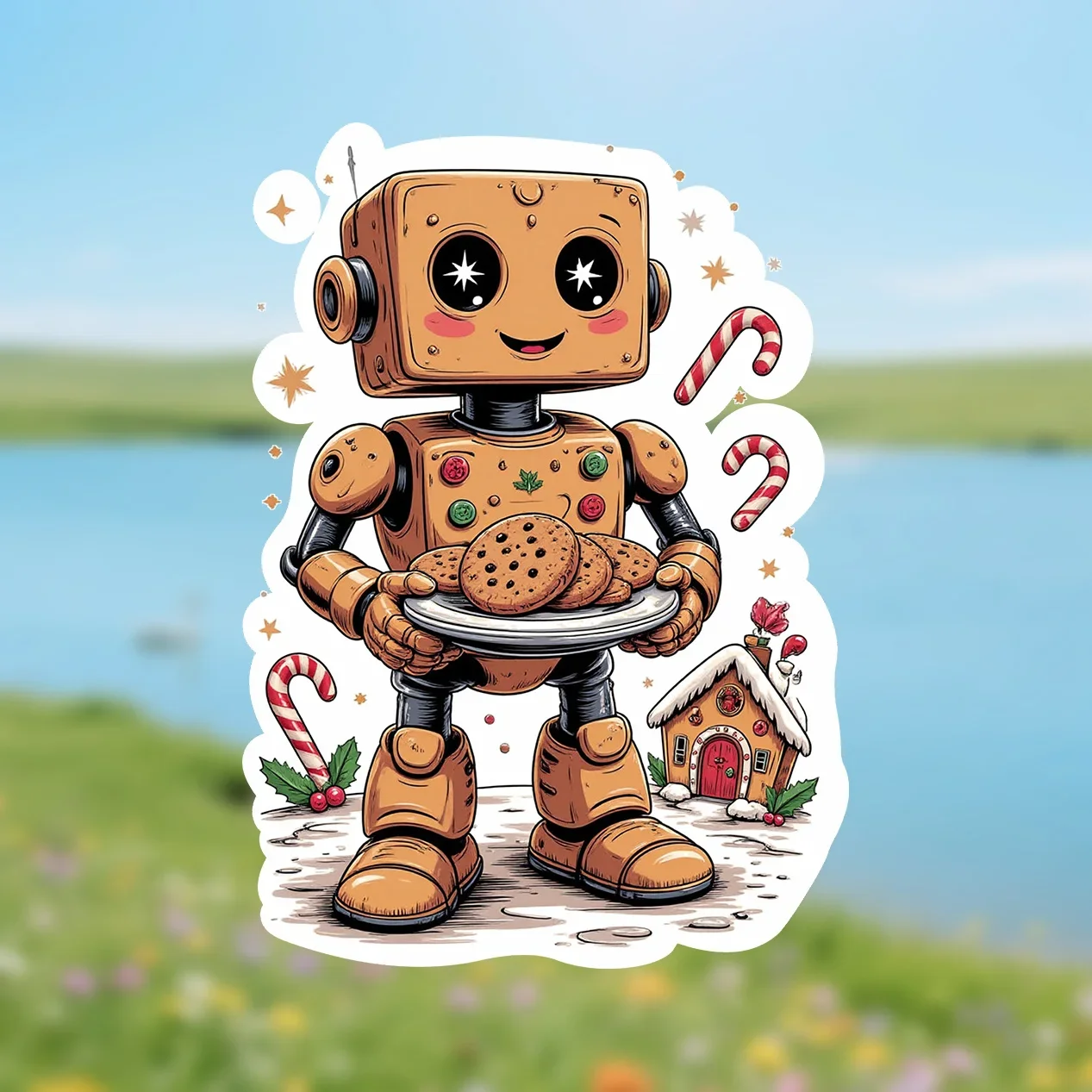 

3pcs Christmas Robot Cookies Car Motorcycle Sticker, Festive Gingerbread House Design Decal for Vehicle Ornament