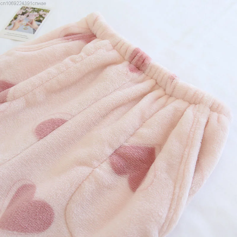 New Heart Print Fluffy Fur Pajamas Pj Sleepwear Trousers Y 2k Cutecore Flannel Warm Plus Pyjama Pants Women Home Wear Pink Pants