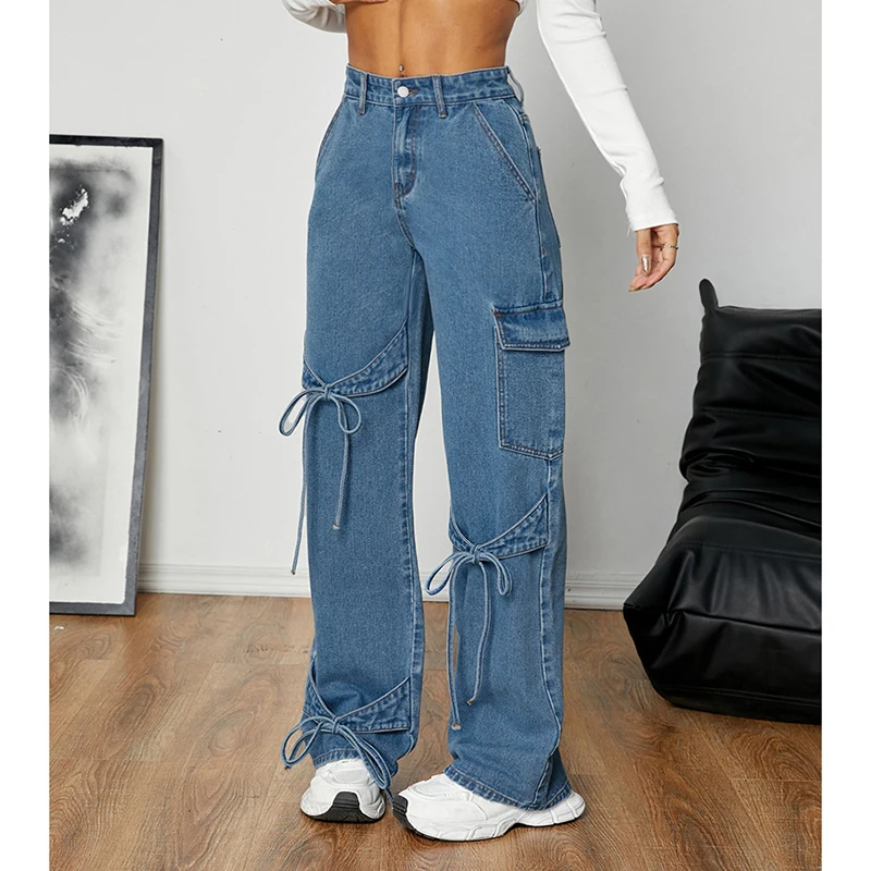 Blue Bow Detail Chic Jeans Women Loose Harajuku Y2K Straight Denim Pants American High Street Patchwork Pocket Wide Leg Trousers