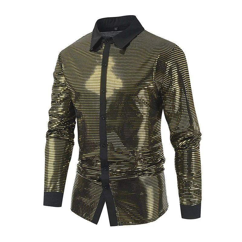 #4666 Gold Sequined Shirt Men Turn-down Collar Streetwear Hip Hop Shirt Long Sleeve Singer Dance Bright Surface Men's Shirt 3XL