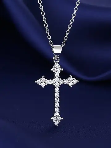 1pcs White Gold-color Necklace For Women Simple Cold Style Set With Glass Rhinestones Cross Copper Alloy Pendant