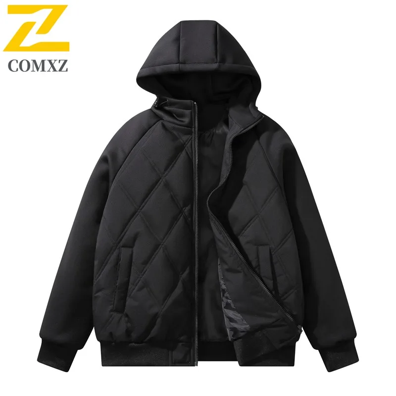COMXZ New Cotton Coat Hooded Diamond Quilted Men Winter Korean Style Jacket Trendy Loose Thicken Casual Windbreaker Mens Jacket
