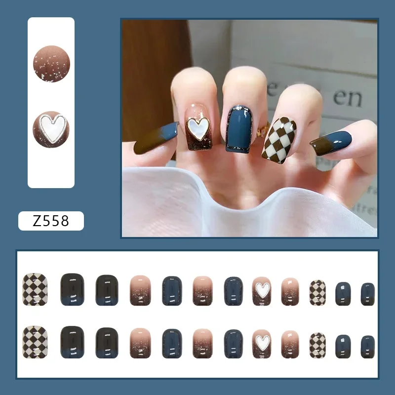 Faux ongles collants faits à la main, paillettes avec diamants, conception française, tête plate, presse acrylique, N64.Set, 24 pièces