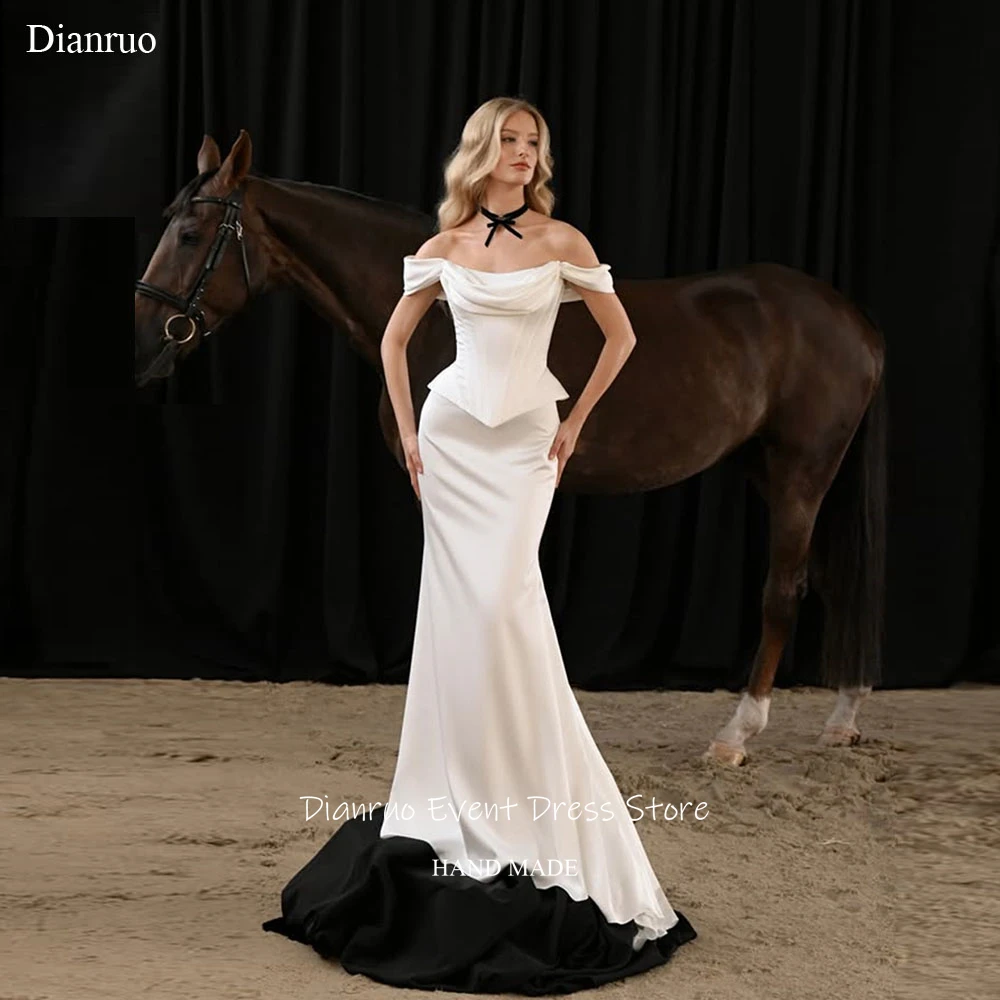

Dianruo Off Shoulder Mermaid Wedding Dress High Quality Vestido De Noiva Ruched Satin Floor Length Evening Dress Customized