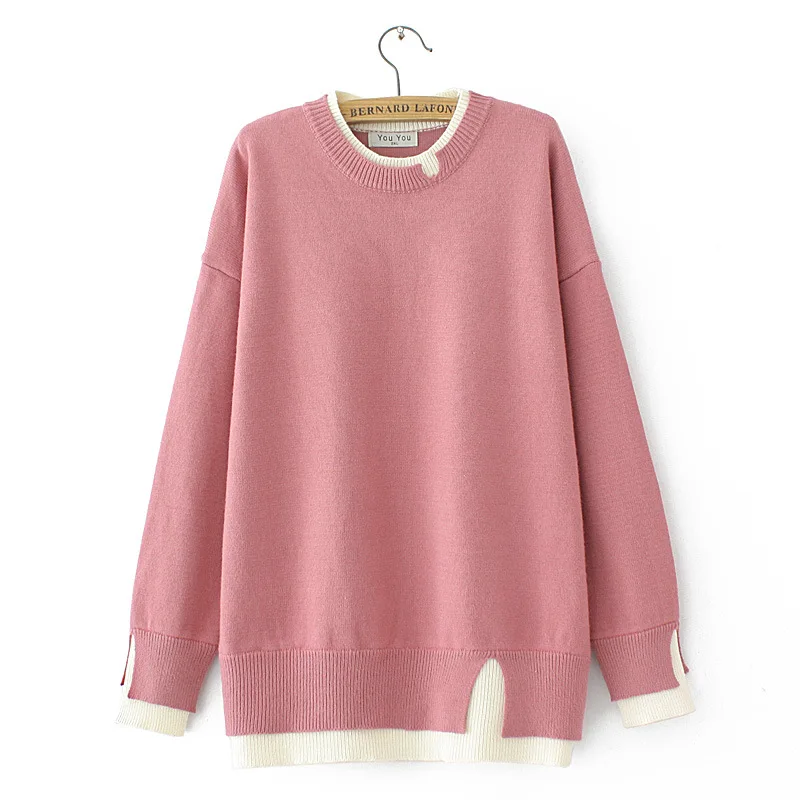 Drop Sleeves O-Neck Sweater Plus Size Women Clothing Autumn Winter Block Color Fake Two Pieces Knitted Pullover Jumpers E2 3069