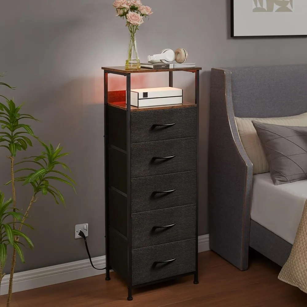 

Bedside table with charging station and LED light for bedroom, high 5-drawer dresser with fabric bucket for bedside laundry