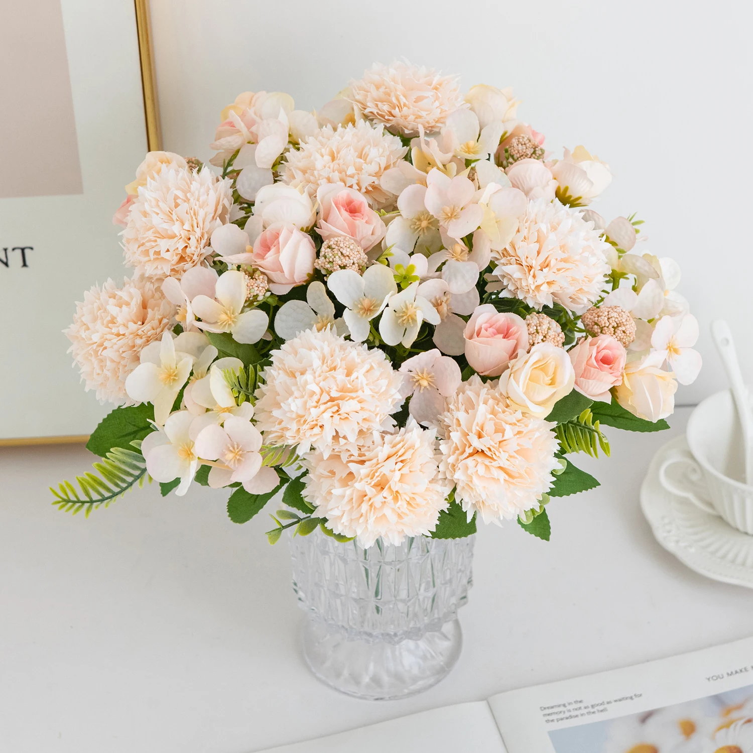 5 Pcs Artificial Silk Rose Chrysanthemum Combination Wedding Bridal Bouquet Garden Party Holiday Home Table Windowsill DIY Decor