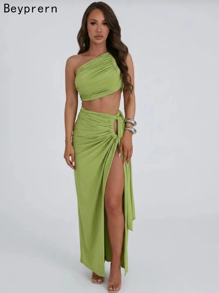 Beyprern Sexy One Shoulder Ruched 2 Piece Set Women Summer Backless Crop Top and Side Slit Maxi Skirt Matching Sets Club Outfits