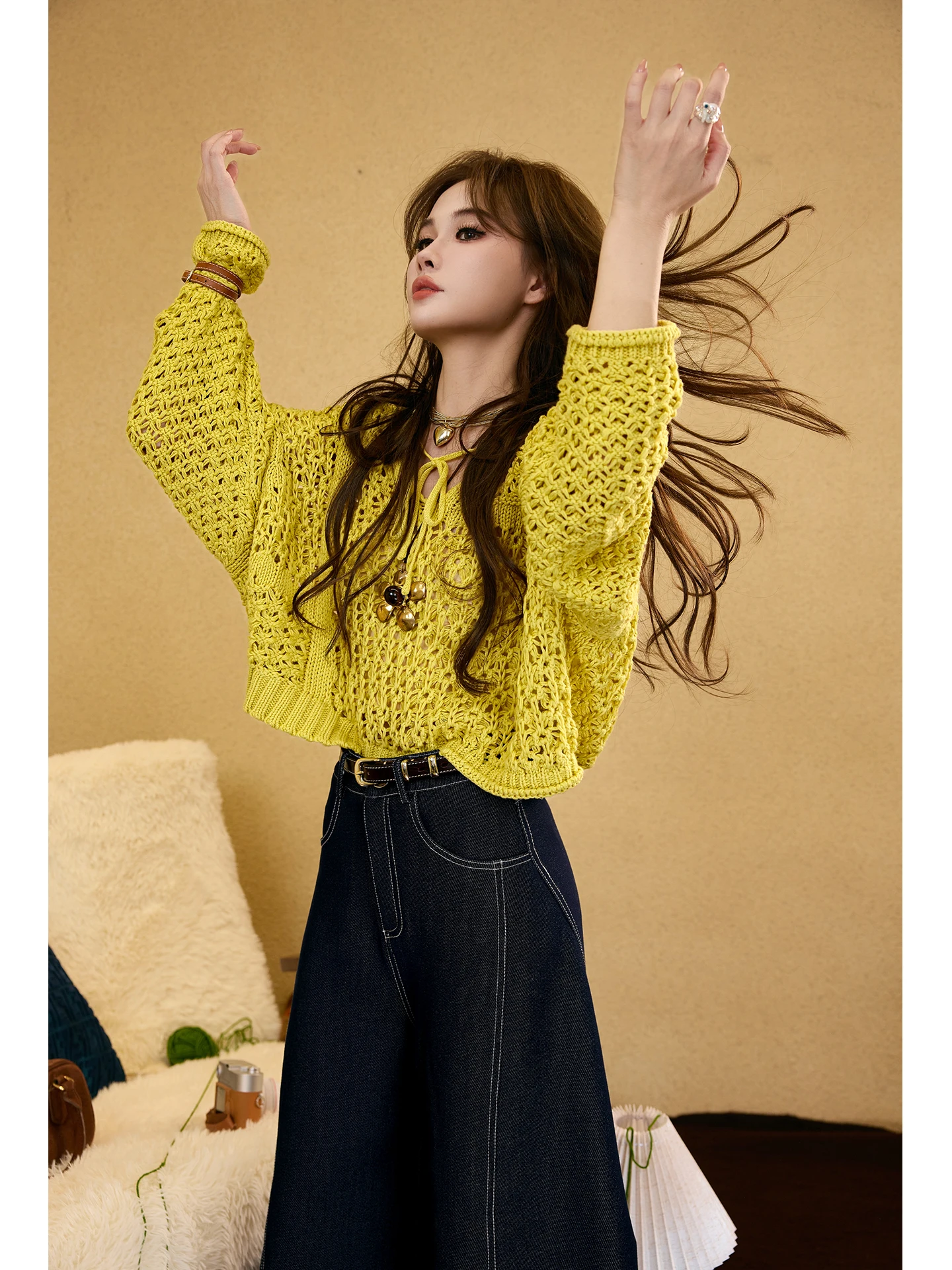 

TUNT вязаный ажурный дизайн Sensation Oxygen Autumn Long Sve V-Ne женская повседневная одежда удобный дышащий хлопковый топ